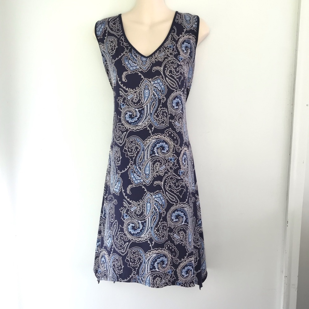 PerSeption Concept Sleeveless Navy Paisley V-Neck Dress L